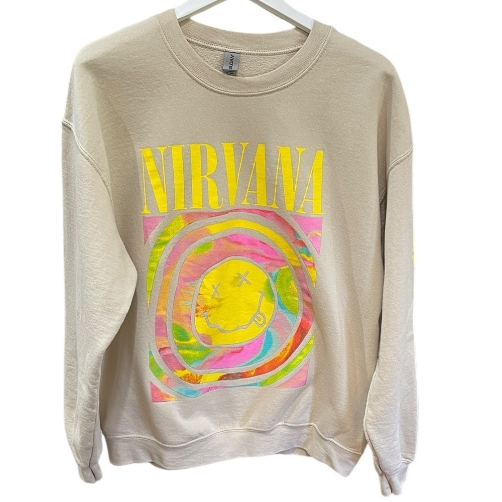 Nirvana Smiley Face Graphic Crew Neck Sweatshirt SZ L Unisex Beige Yellow